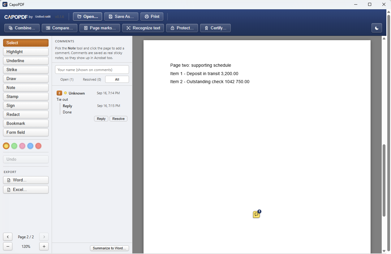 CapoPDF reviewing a work paper: the Comments panel with a threaded, resolved comment, a sticky-note marker on the page, and the document toolbar with Combine, Compare, Page marks, Recognize text, Protect and Certify